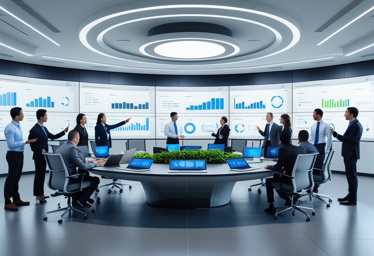 A group of business professionals collaborating around a high-tech conference table with digital screens displaying data in a modern meeting room.