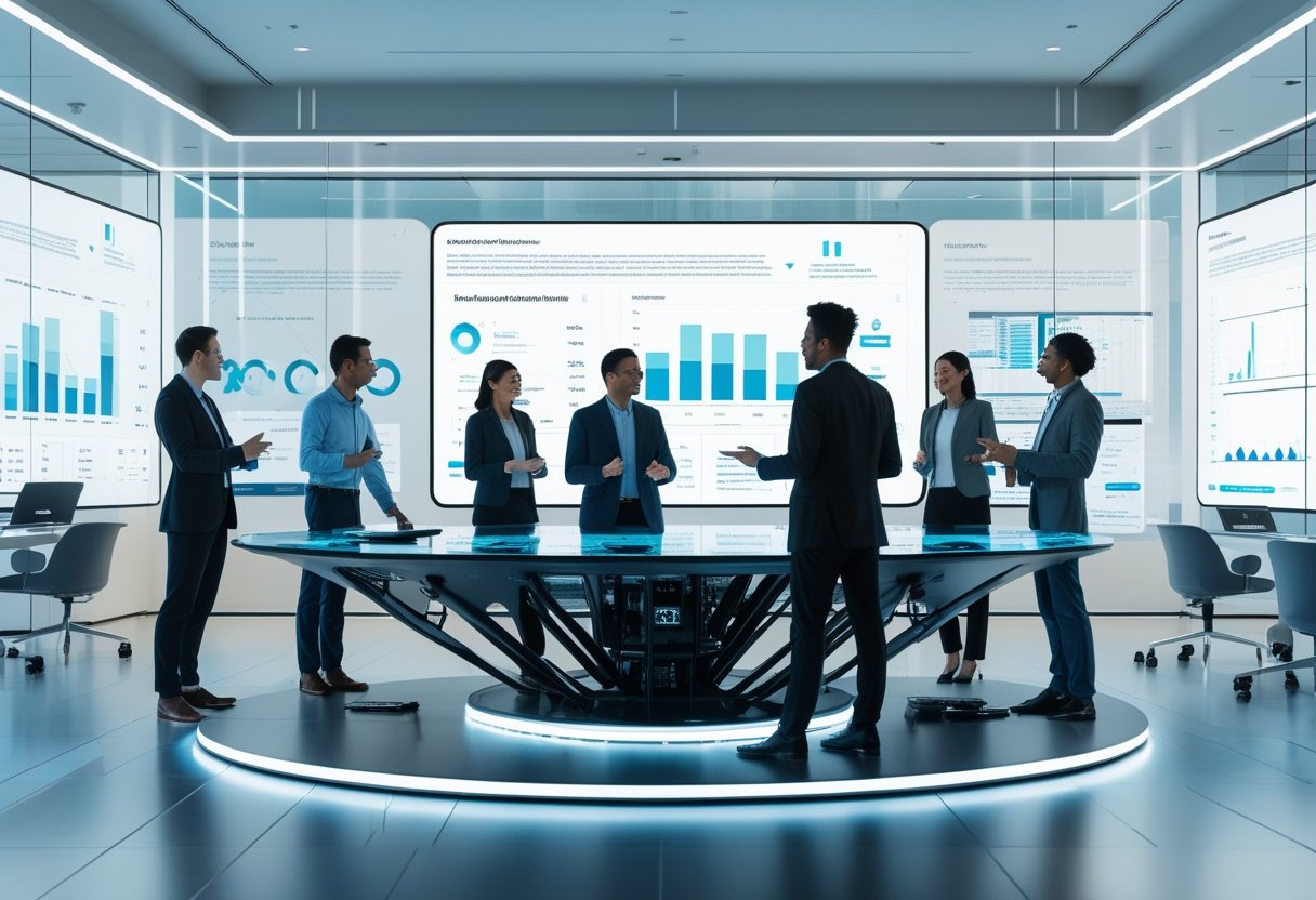 A group of professionals collaborating around a large interactive table with digital data displays in a bright, modern office space.