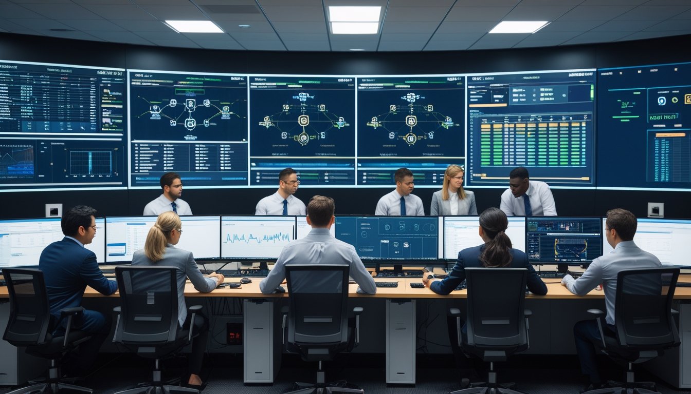 Ruang kendali keamanan perusahaan dengan beberapa profesional IT yang memantau layar besar berisi data dan diagram jaringan untuk perangkat audiovisual.