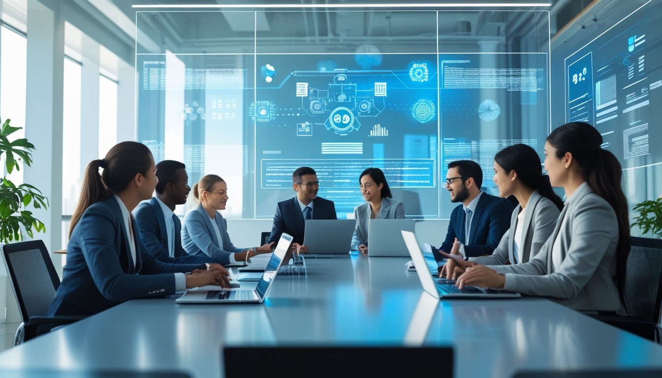 Sekelompok profesional bekerja sama dalam ruang rapat modern dengan perangkat teknologi dan layar digital yang menampilkan data dan ikon AI.