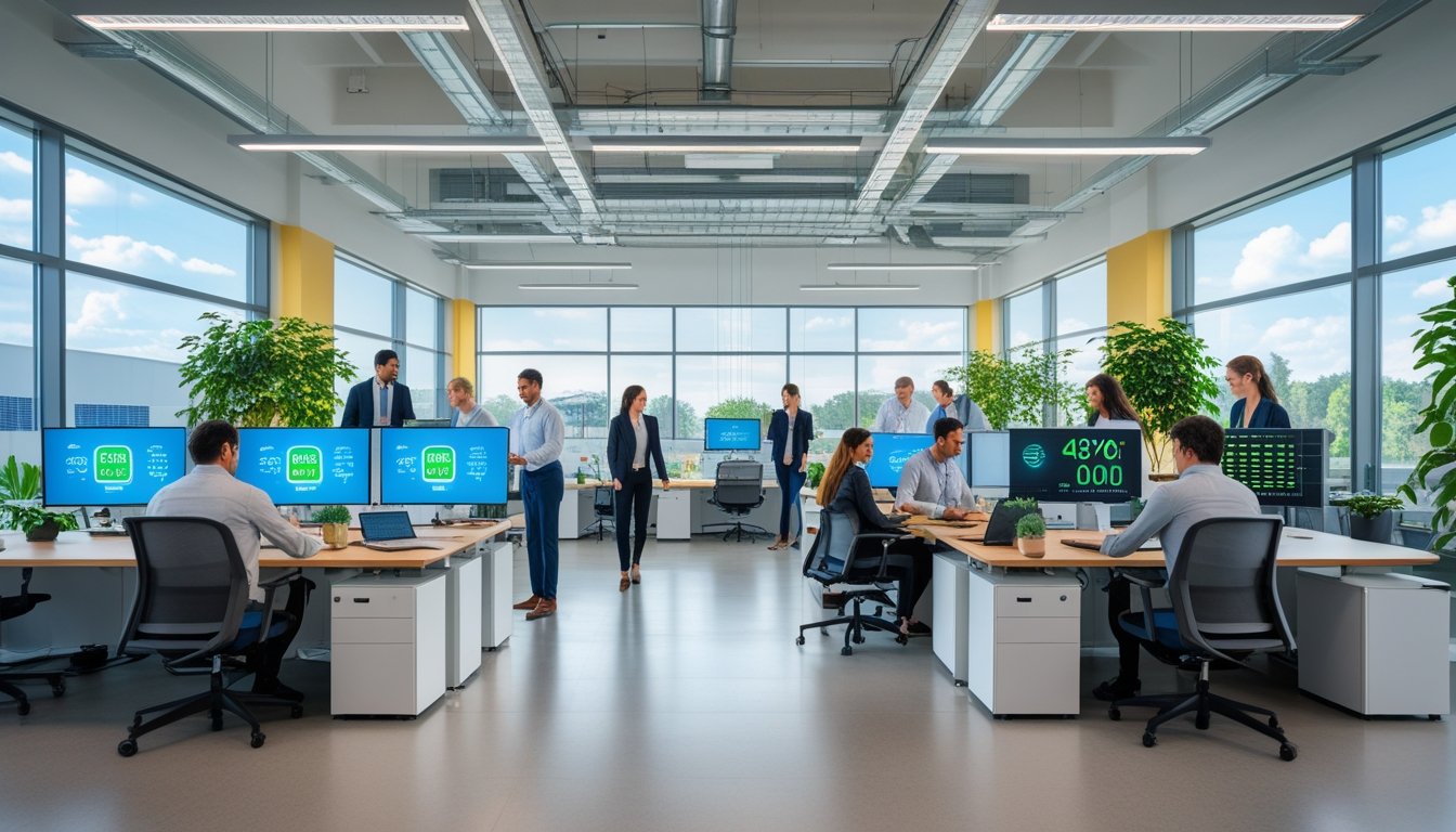 Kantor modern dengan cahaya alami, pekerja beragam sedang bekerja di meja dengan perangkat hemat energi dan tanaman hijau di dalam ruangan.