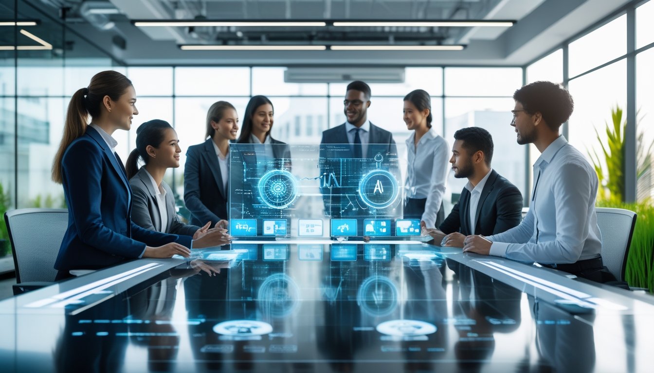 Sekelompok profesional bekerja sama di ruang kantor modern dengan layar digital dan perangkat pintar.