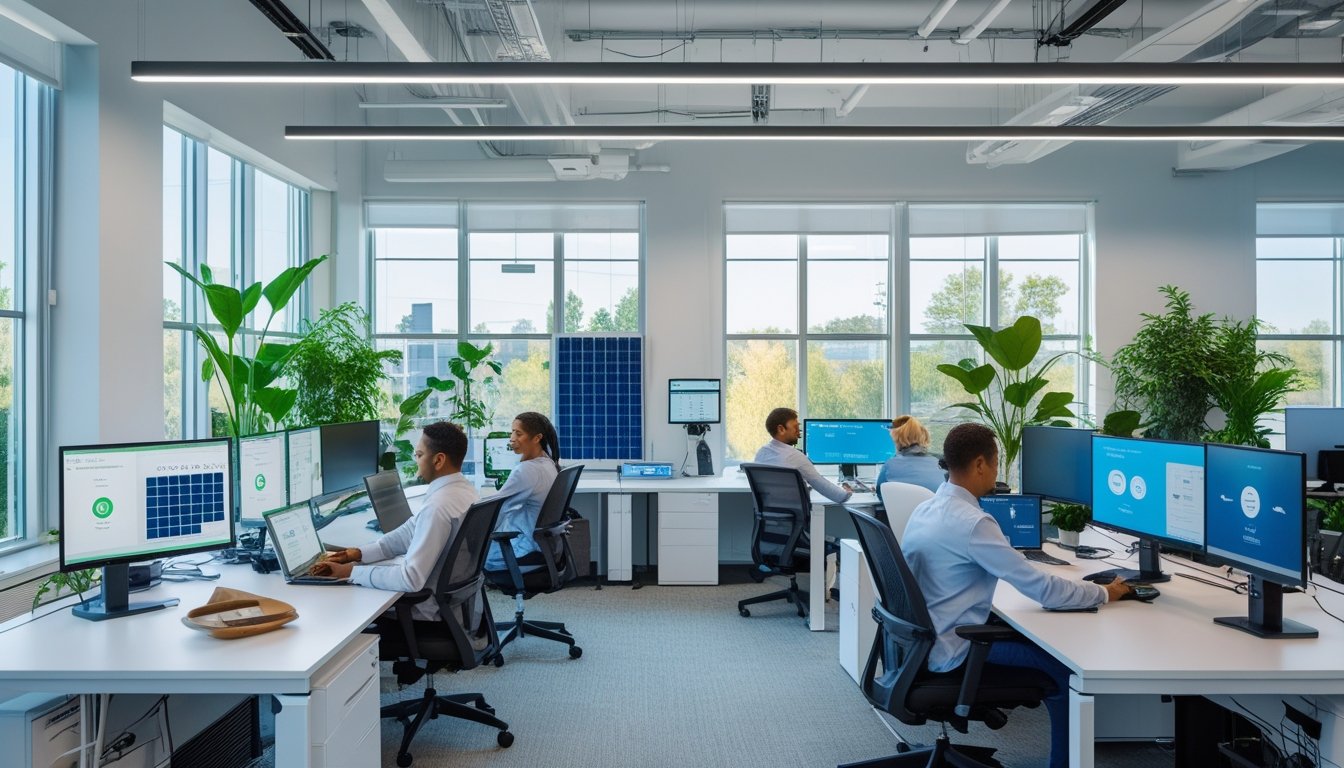 Suasana kantor modern dengan teknologi hemat energi, karyawan bekerja di meja dengan perangkat pintar dan pencahayaan alami.