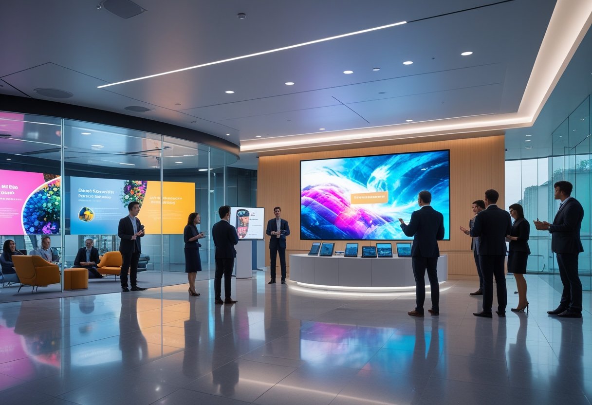 A modern corporate lobby with a briefing center and product theater, showing professionals interacting with digital displays and presentations.