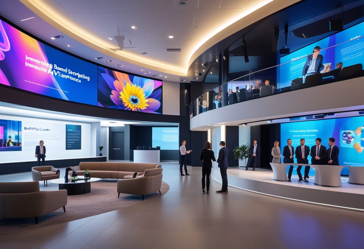 A modern lobby with large curved screens, comfortable seating, a briefing center with professionals discussing around a table, and a product theater with tiered seating and projection screens.