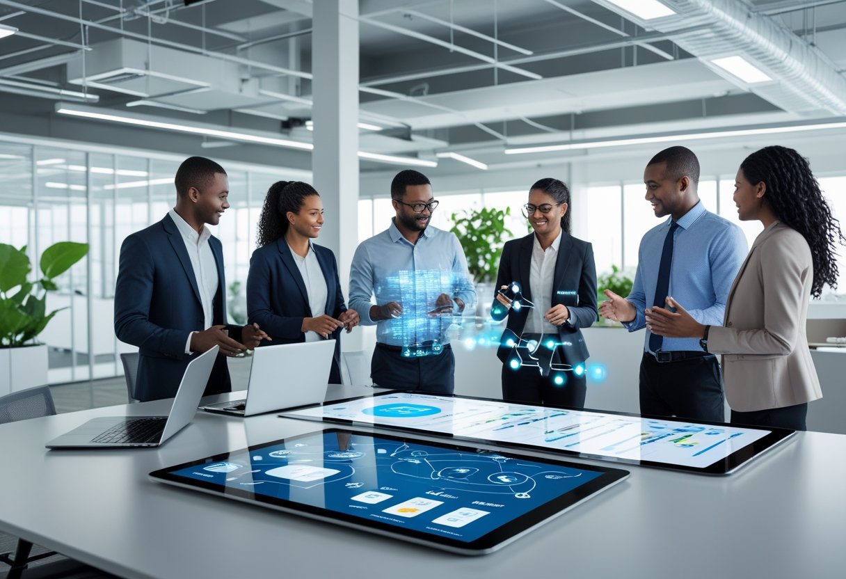 A group of professionals collaborating around a digital touchscreen table in a modern open office with laptops and smart devices.