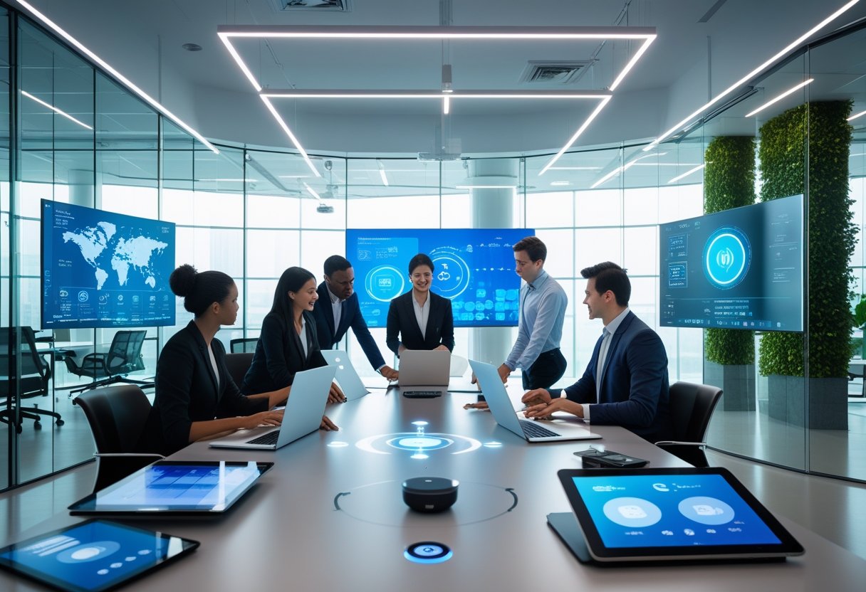 A group of professionals collaborating in a modern office with digital devices and interactive screens showing connected technology systems.