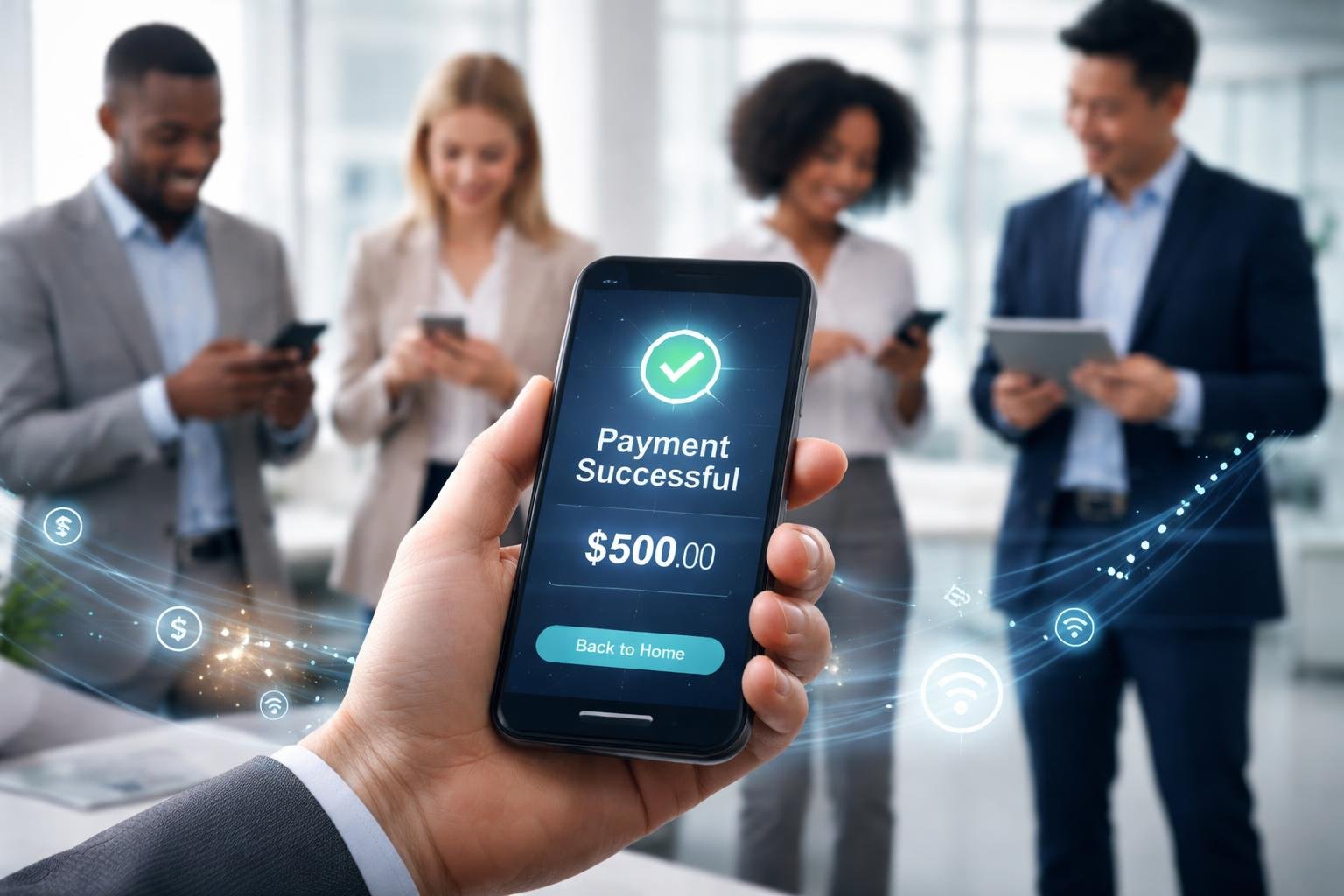 Business professionals using smartphones and tablets to complete instant digital payments in a modern office.