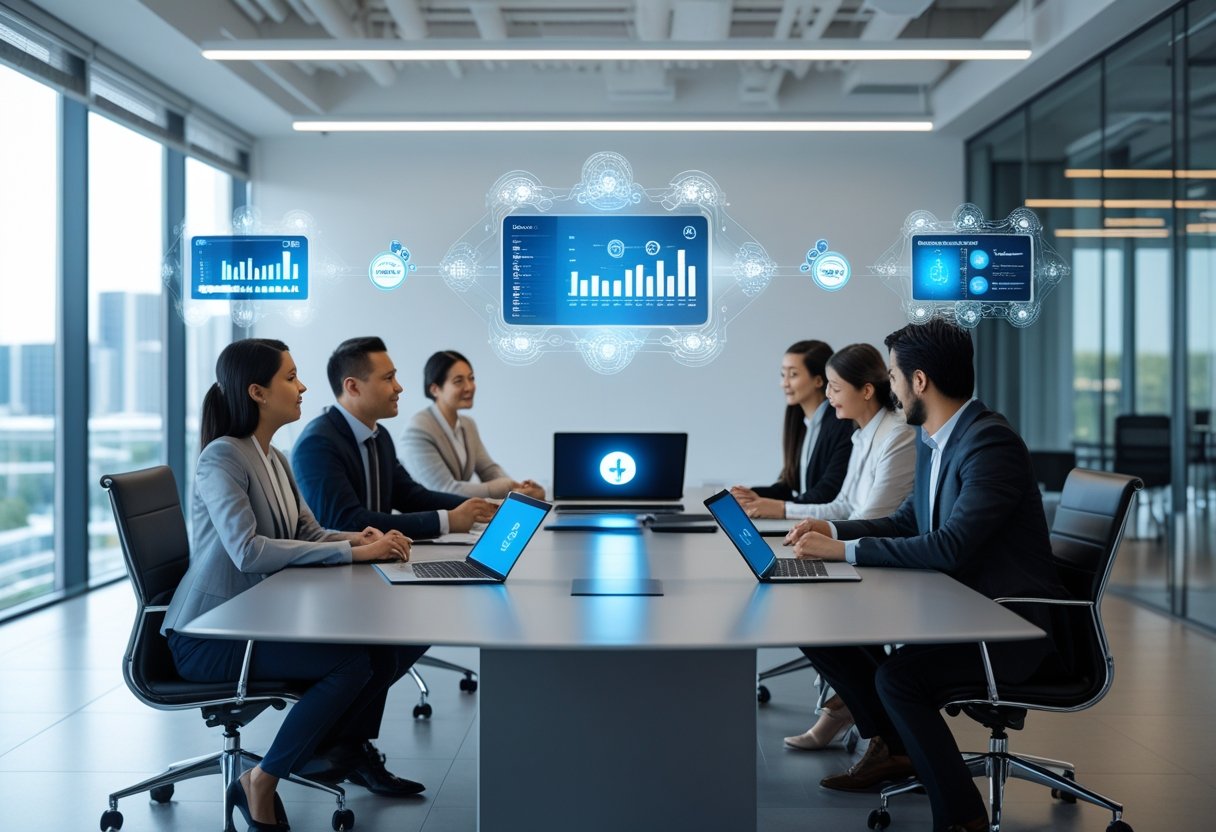 A group of business professionals collaborating around a conference table with digital devices and holographic data displays representing AI meeting tools.
