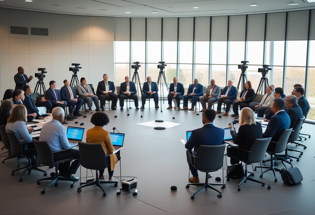 A diverse group of people participating in a townhall meeting with multiple cameras and floor microphones set up in a bright conference room.