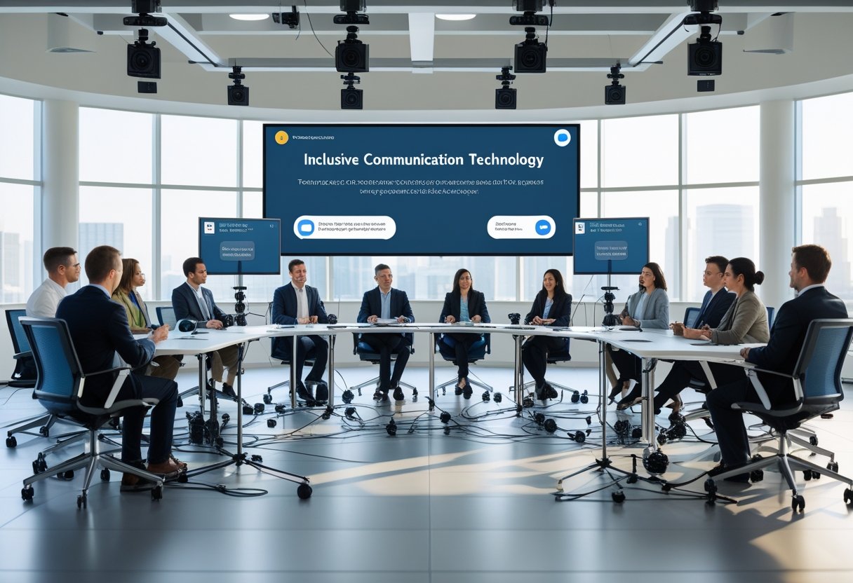 A diverse group of employees in a conference room with multiple cameras and floor microphones, engaging in a townhall meeting with a participatory chat displayed on a screen.