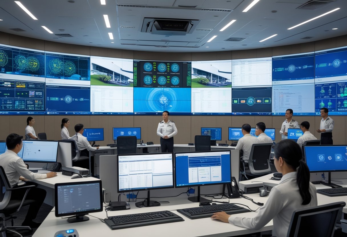 A modern command center with professionals monitoring multiple large screens displaying data and security feeds in a corporate office.