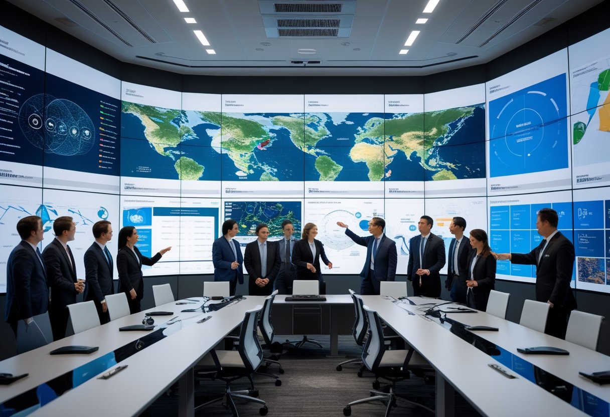 A group of professionals collaborating in a high-tech briefing center with multiple large ultra-wide displays showing detailed maps and data.
