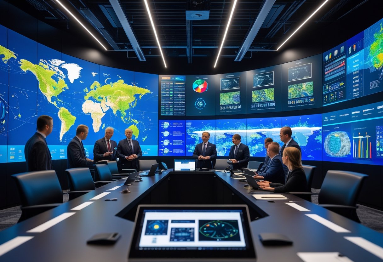 A group of professionals in a briefing center with a large ultra-wide high-resolution display wall showing detailed maps and data.