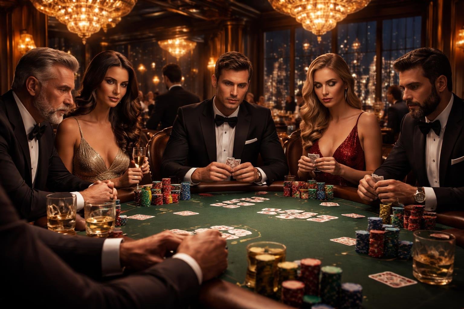 A group of well-dressed people playing poker around a luxurious table in an elegant casino with city lights visible through large windows.