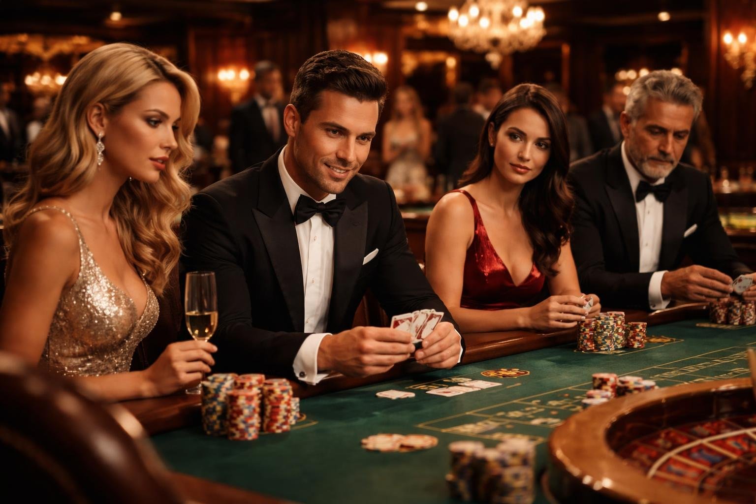 A group of well-dressed people gathered around a casino gaming table with chips and cards, inside a luxurious casino setting.