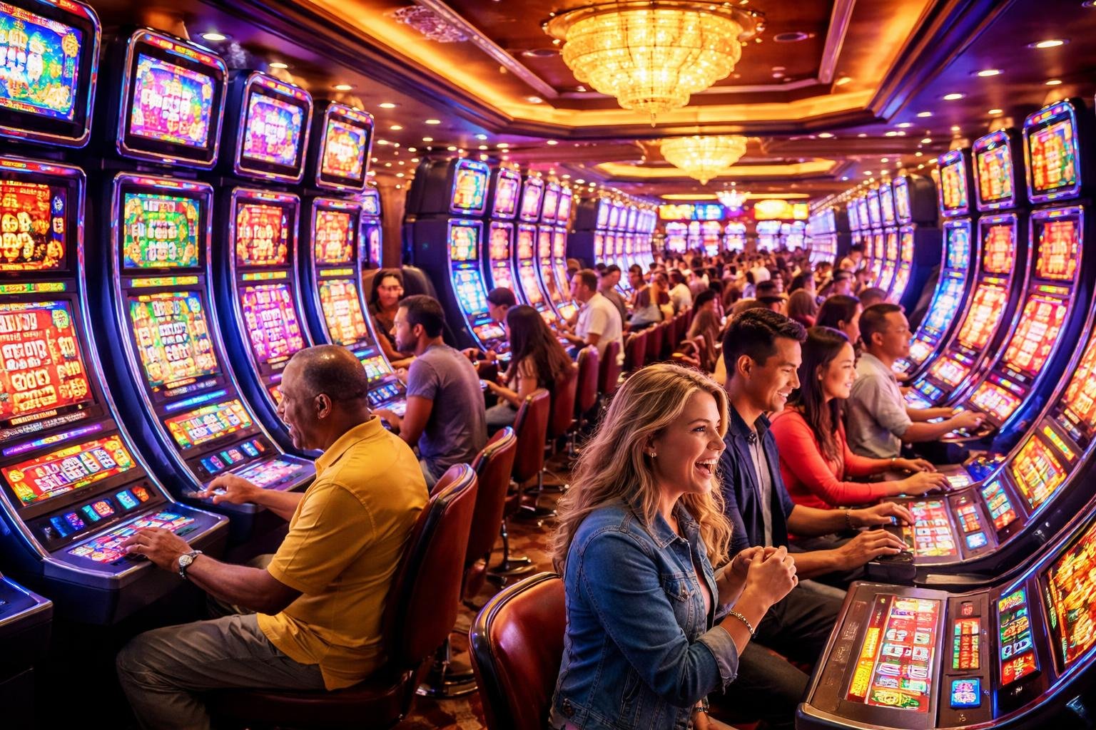 A diverse group of people playing brightly lit slot machines inside a lively casino.
