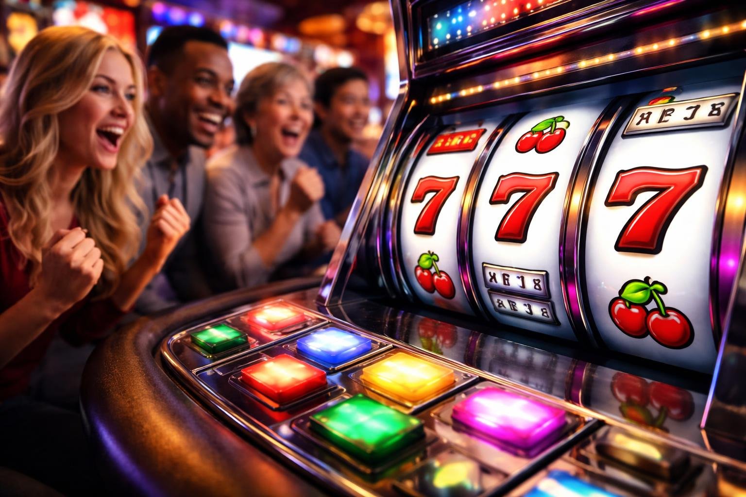 Close-up of a slot machine with spinning reels and colorful symbols, with a diverse group of people playing and showing excitement in a casino.
