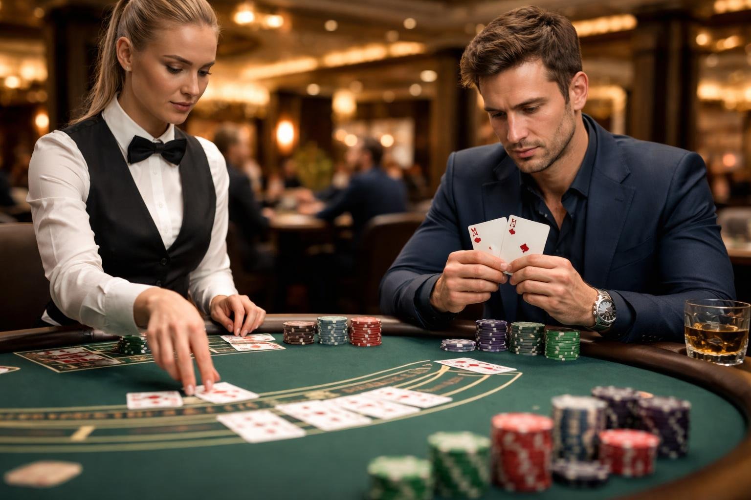 A man thoughtfully holding blackjack cards at a casino table while a dealer deals cards, with poker chips on the table and other players blurred in the background.