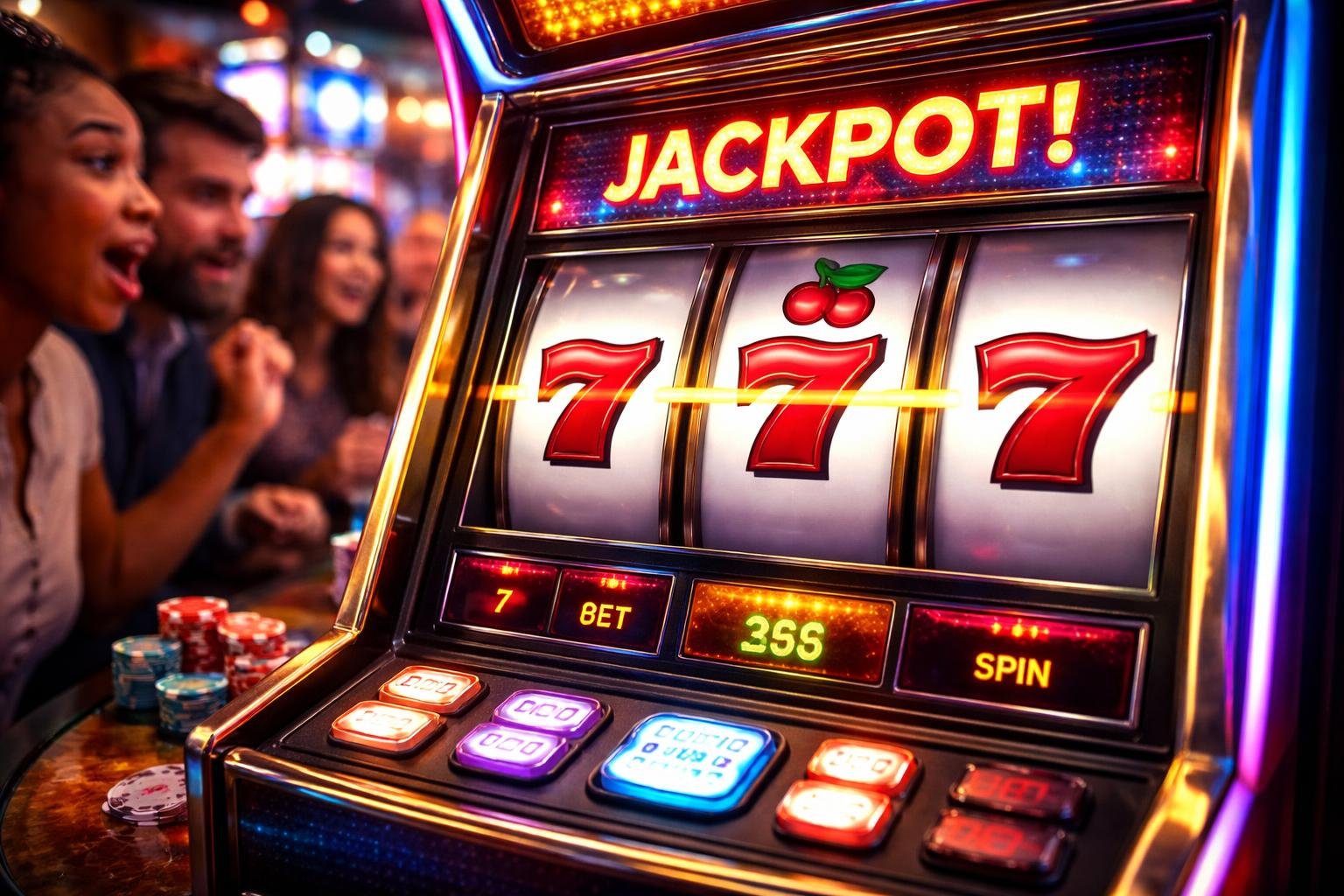 Close-up of a slot machine showing a near miss outcome with players watching attentively around it in a casino.