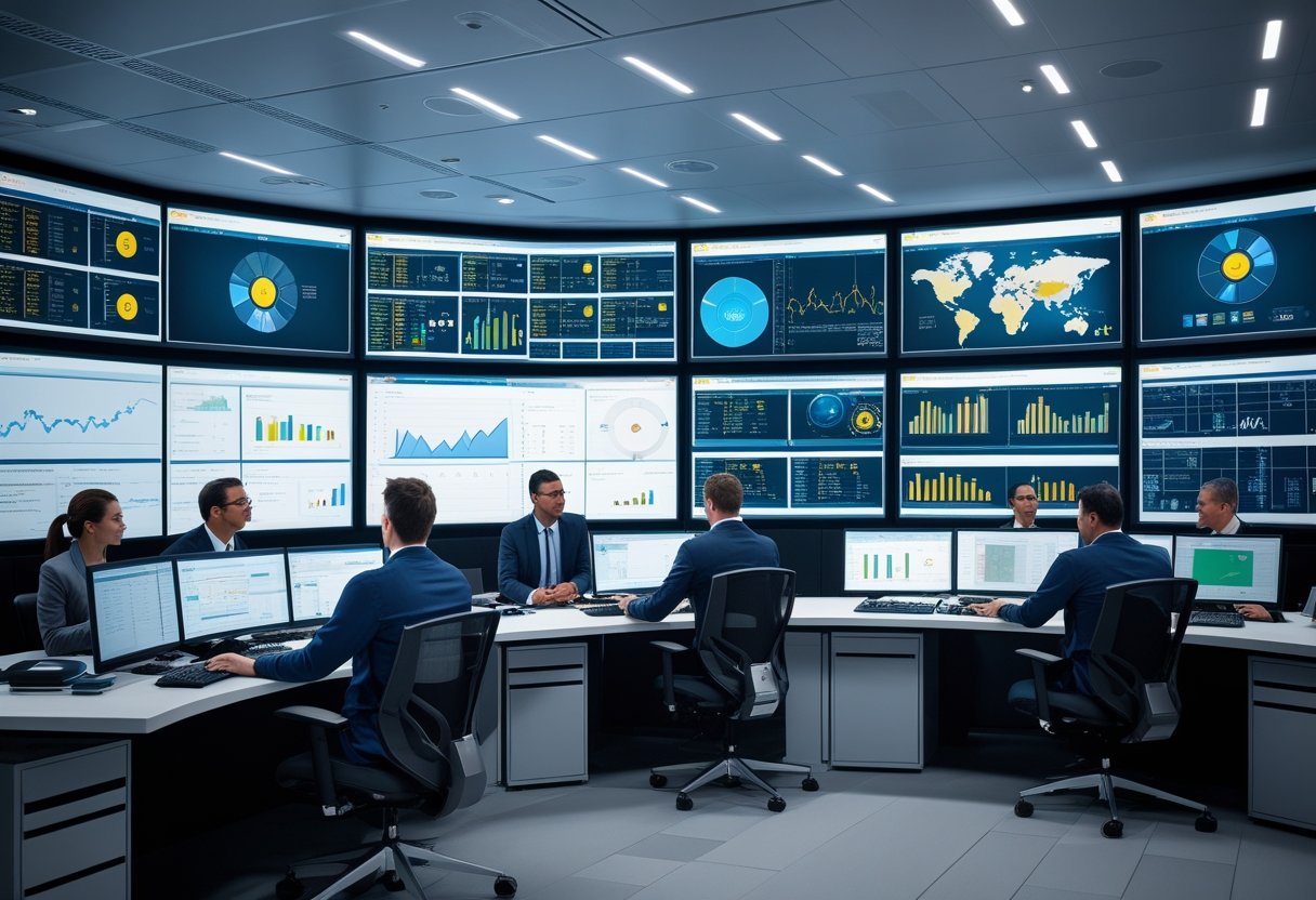 A modern control room with multiple large screens showing data and professionals working together at desks.