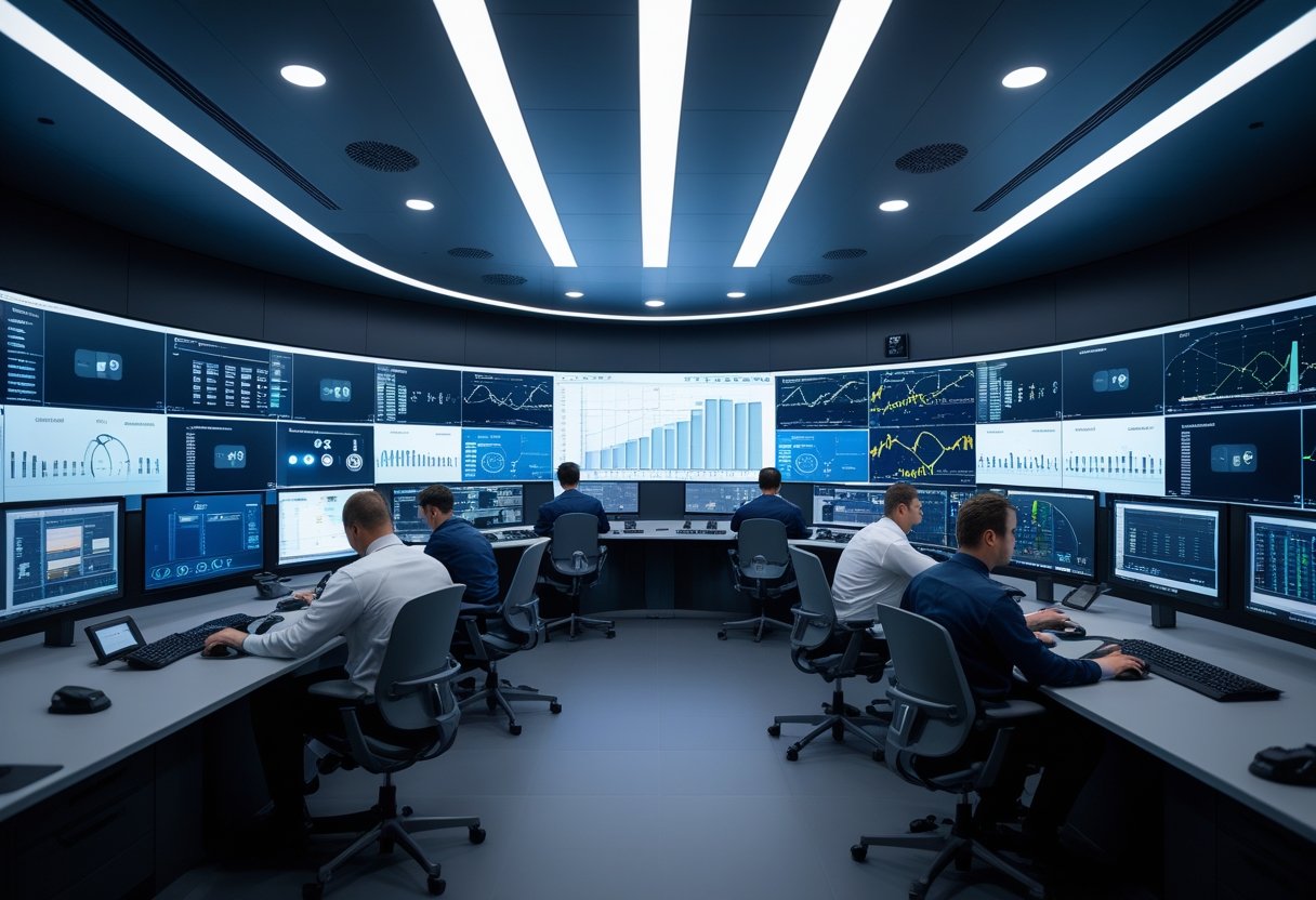 A modern control room with multiple large monitors and operators working at ergonomic workstations, focused on data and decision-making.