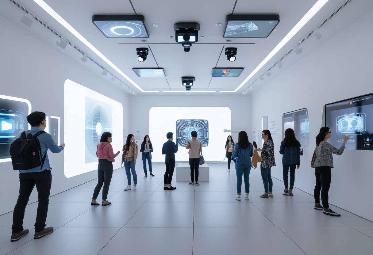 Visitors interacting with digital art exhibits in a modern gallery equipped with sensors and spatial audio devices.