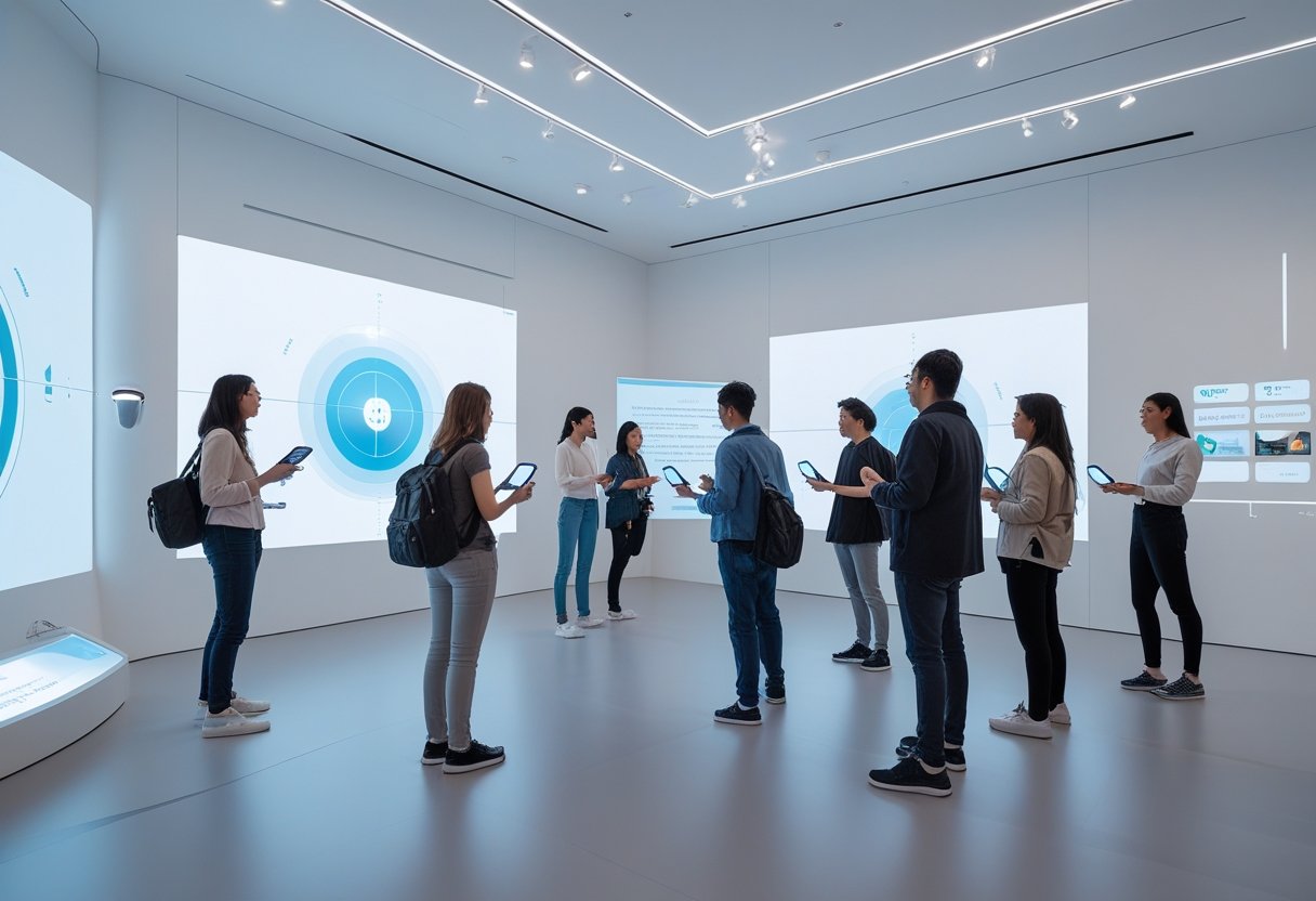 Visitors interacting with handheld devices in a modern gallery using advanced sensors and augmented reality technology.