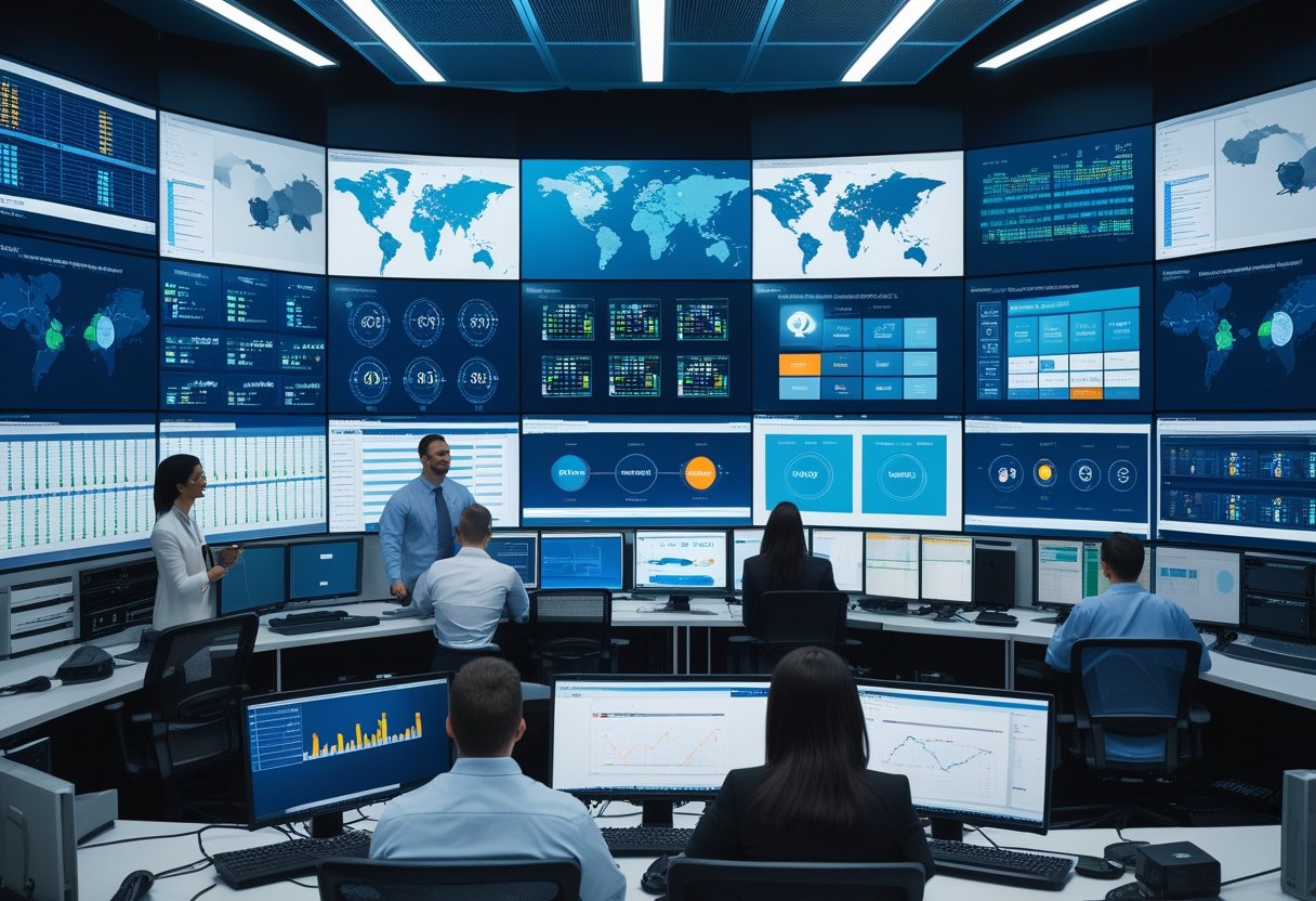 IT professionals monitoring large video walls and routing equipment in a modern network operations center.