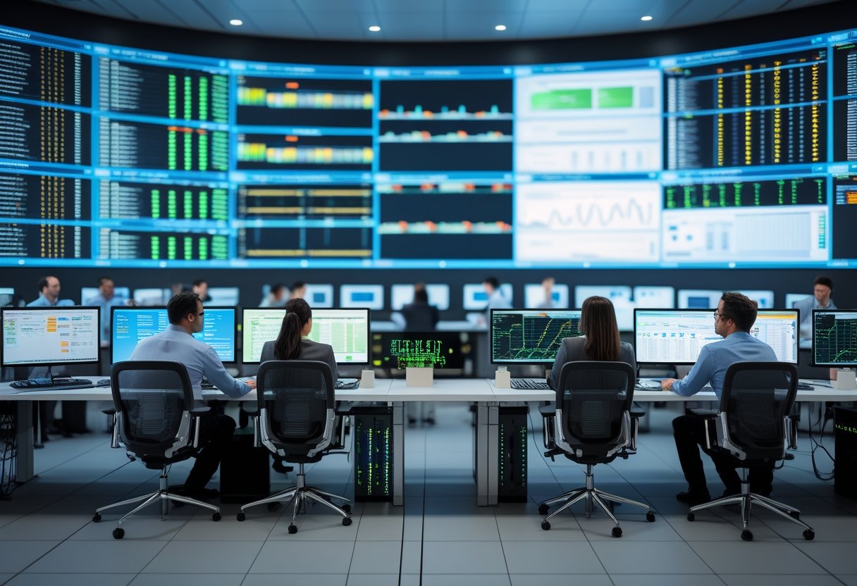 A team of IT professionals working together in a modern control room with large video walls showing network data and status dashboards.
