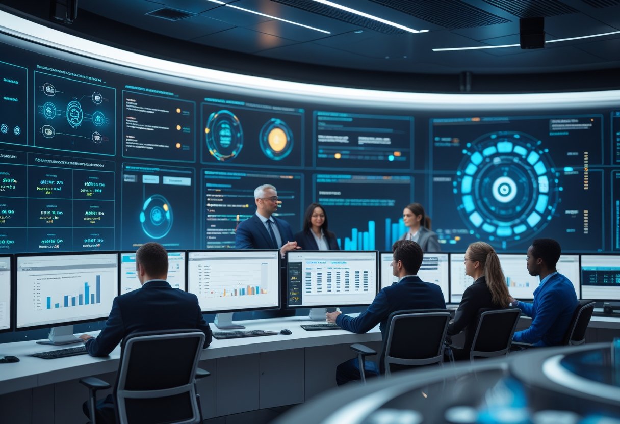 A team of professionals collaborating in a high-tech command center with large digital screens displaying data and alerts, working together on incident response.