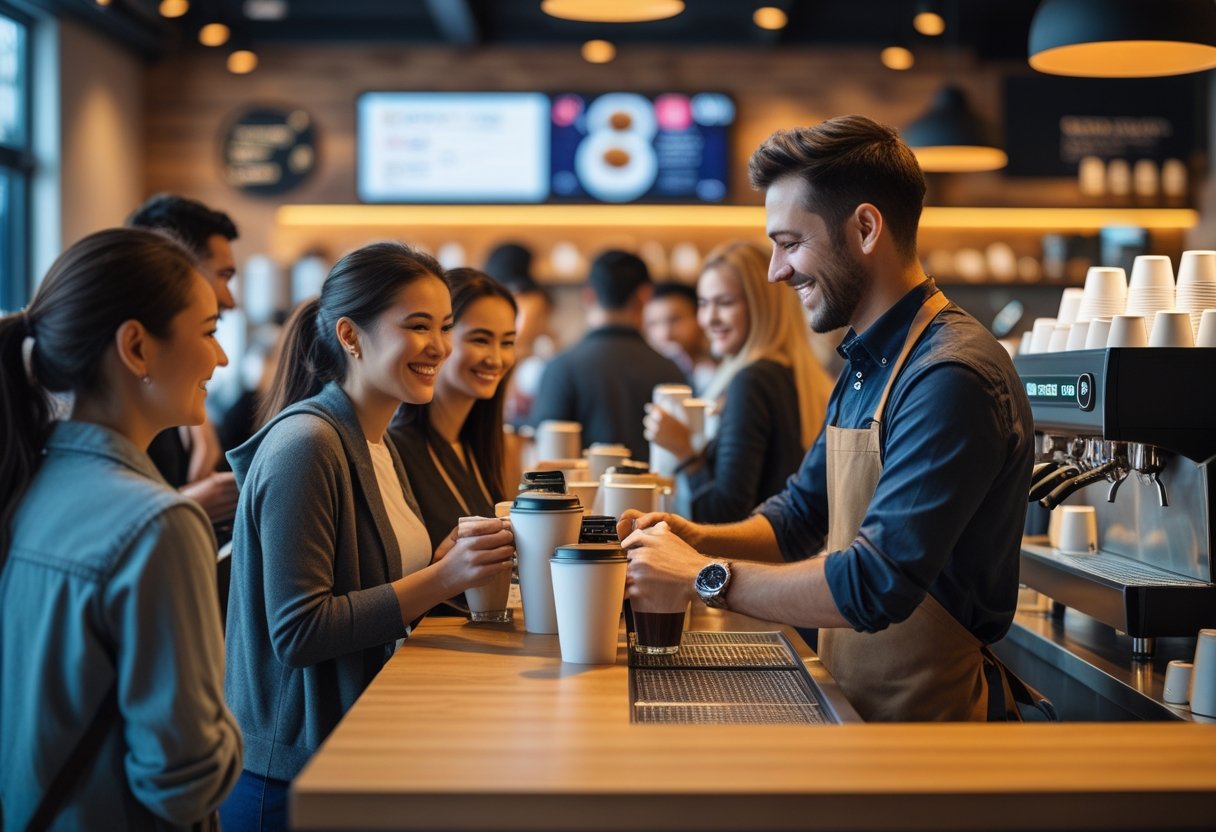 A barista serving coffee to customers in a warmly lit modern café with a digital screen in the background.