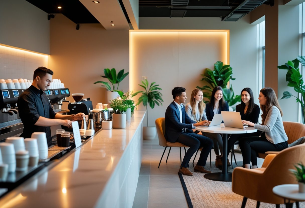 Barista preparing coffee in a modern cafe while a group of professionals work together at a table nearby.