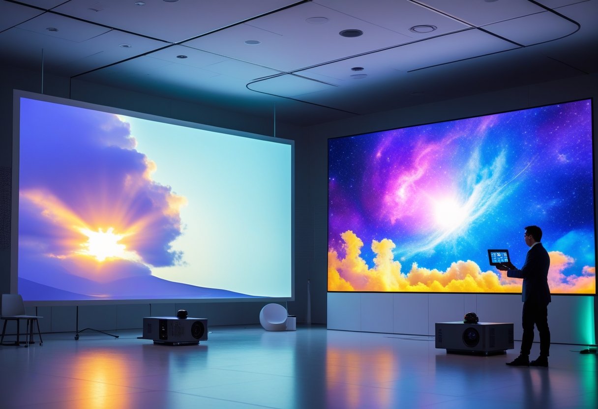 A modern workspace showing a projector displaying an image on a wall next to a bright LED screen, with people interacting with both displays.