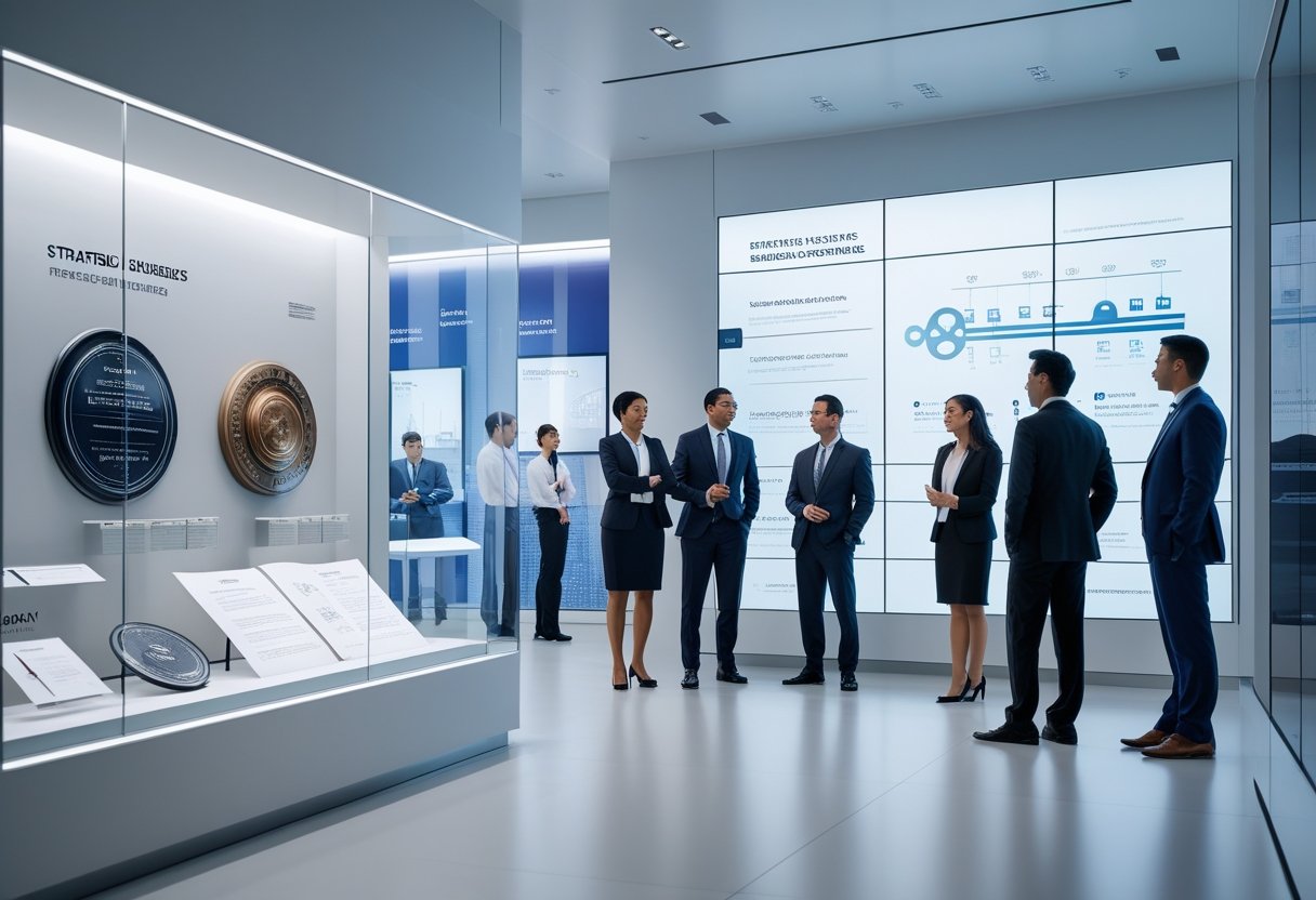 Business professionals exploring a corporate museum with displays of historical artifacts and documents, engaging in discussion.