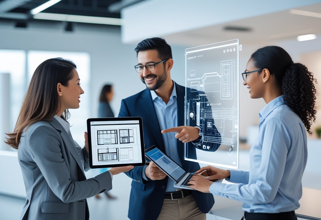 Three professionals collaborating in a modern office, reviewing digital blueprints and technology plans together.