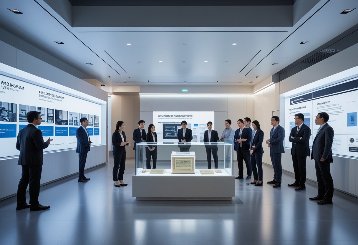 Business professionals exploring exhibits in a modern corporate museum showcasing historical artifacts and documents.