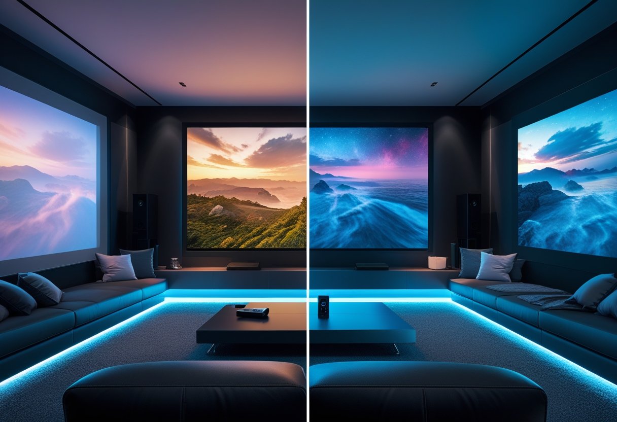 A modern living room divided into two halves showing a projector displaying a movie on one side and a bright LED screen showing the same movie on the other side.