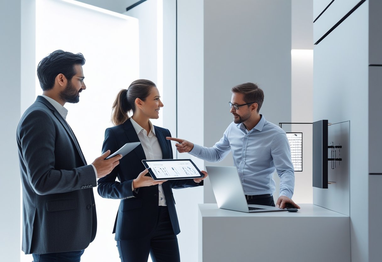 Three professionals collaborate in a modern exhibition space, discussing plans and technology integrated seamlessly into the environment.