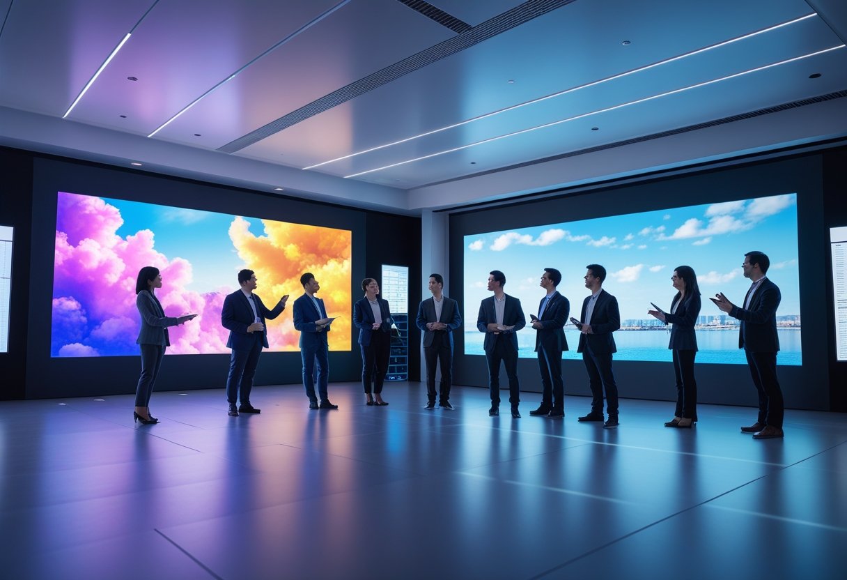 A group of professionals in a modern workspace comparing a projection screen and an LED wall, discussing storytelling display options.