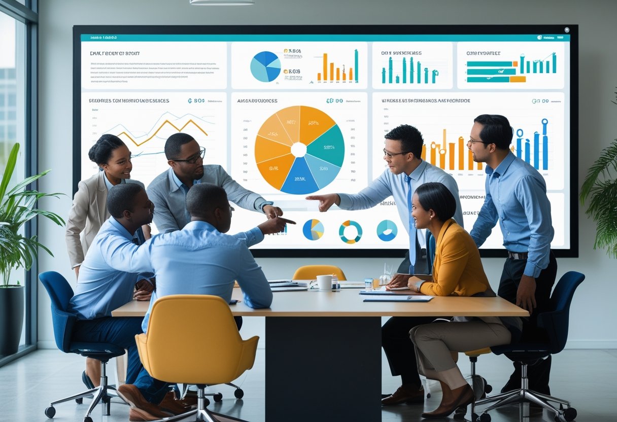 A group of business professionals collaborating around a table, looking at a large screen showing data visualizations in a modern office.