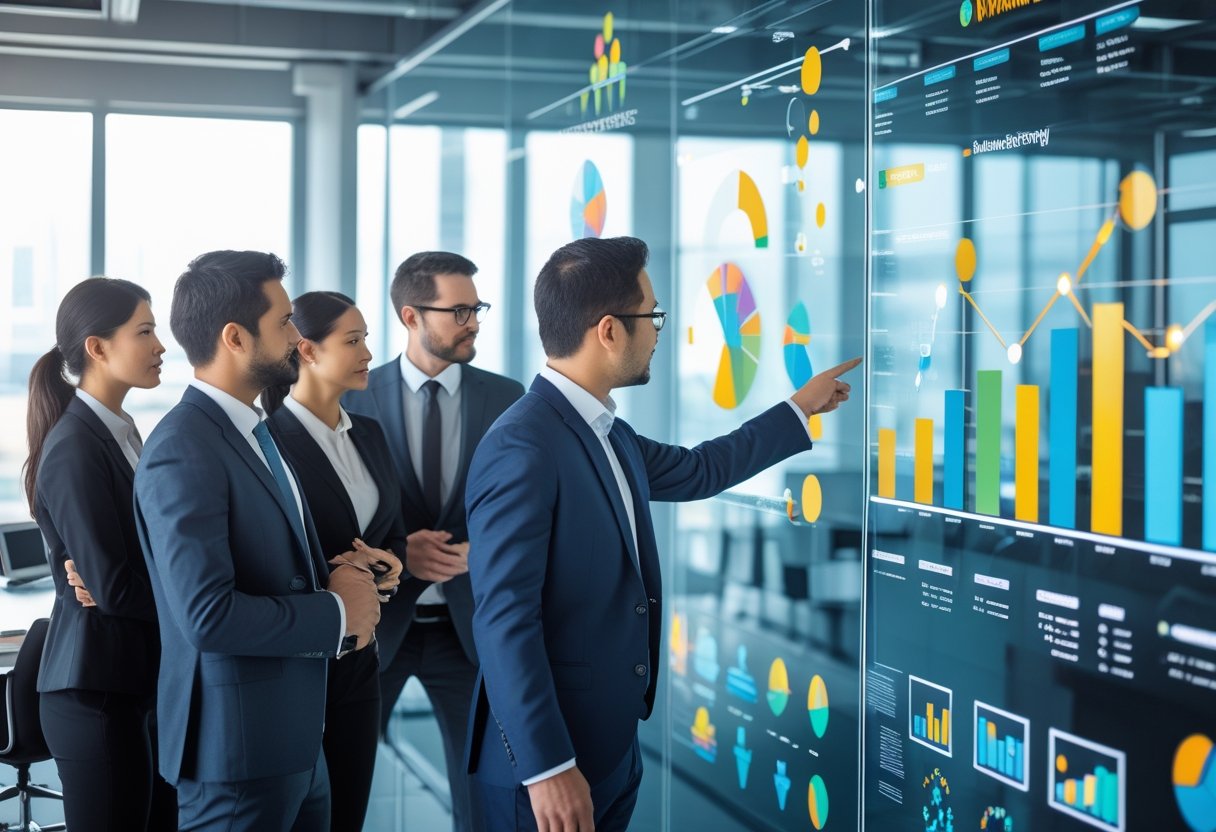 A group of business professionals in an office discussing data visualizations displayed on a large digital screen.