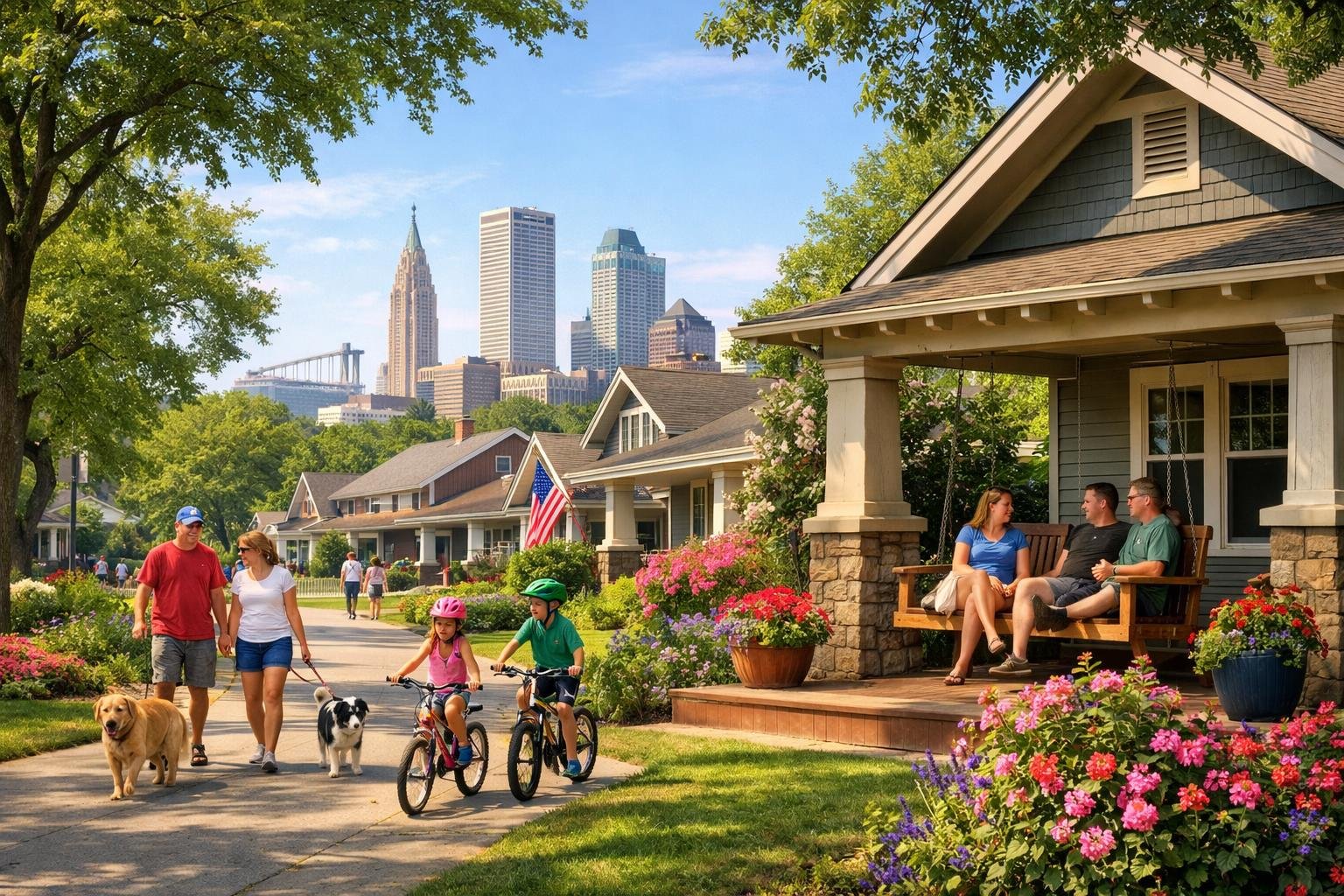 A peaceful residential street in Tulsa with houses, trees, and people enjoying outdoor activities on a sunny day.