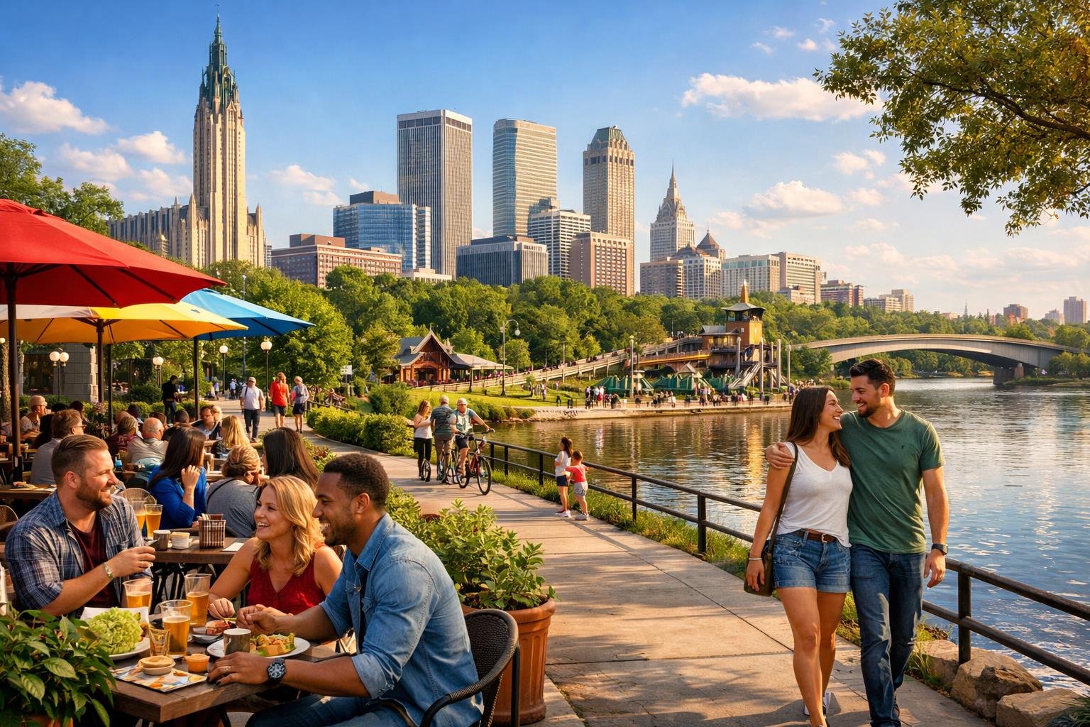 People enjoying outdoor dining, walking along a riverwalk, and visiting parks with city buildings and landmarks in the background during a sunny afternoon in Tulsa, Oklahoma.