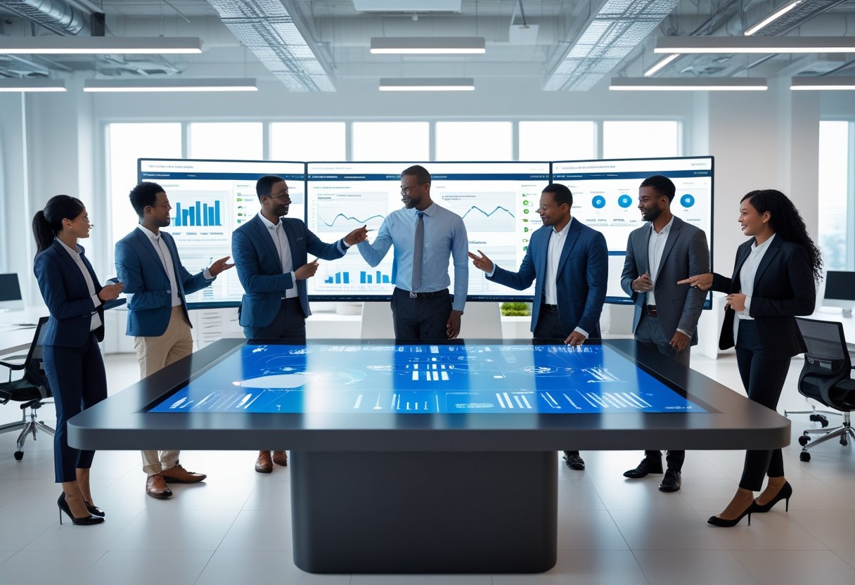 A group of professionals collaborating around a digital touchscreen table displaying data visualizations and AI dashboards in a modern office.