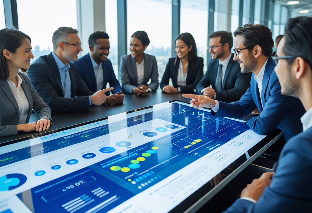 Business professionals collaborating around a digital touchscreen table displaying data visualizations in a modern office.