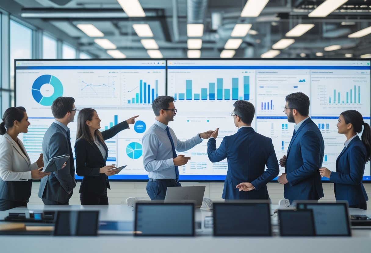 Business professionals collaborating around a digital dashboard displaying real-time workplace data in a modern office.