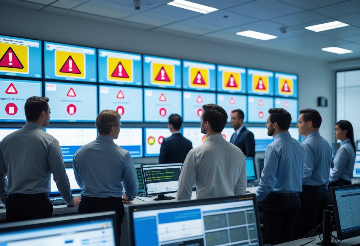A team of professionals monitors multiple digital signage screens showing emergency icons in a high-tech control room.