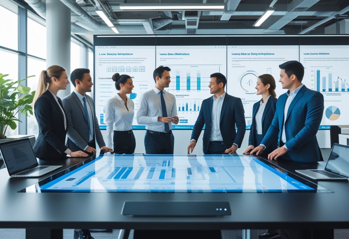A group of business professionals collaborating around a digital touchscreen table displaying data and graphs in a modern office.