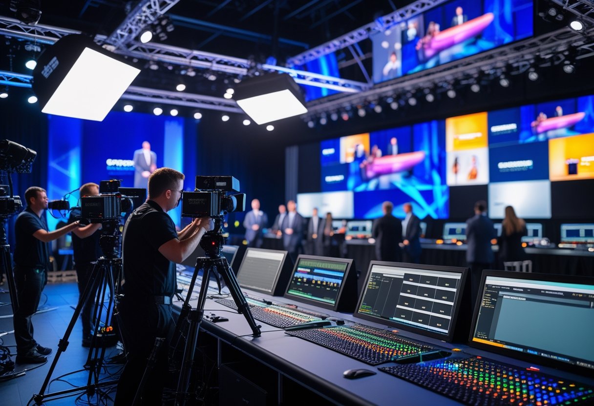 A live production control room with camera operators, lighting technicians, and multiple monitors displaying live video feeds and graphics during a corporate event.